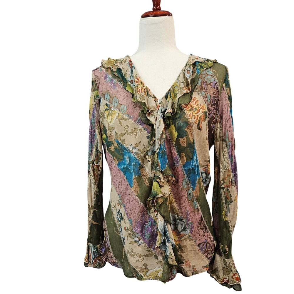 Vintage Peter Martin Silk Womens 10‎ Small Floral Ruffle Blouse Fairy Boho